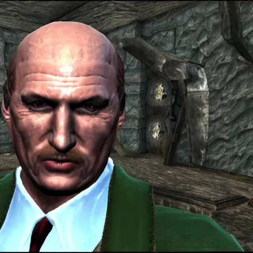 Image similar to Alexander Lukashenko wearing a suit and tie in Balmora in Elder Scrolls III: Morrowind, outdated 2002 Morrowind graphics, low definition, lowpoly