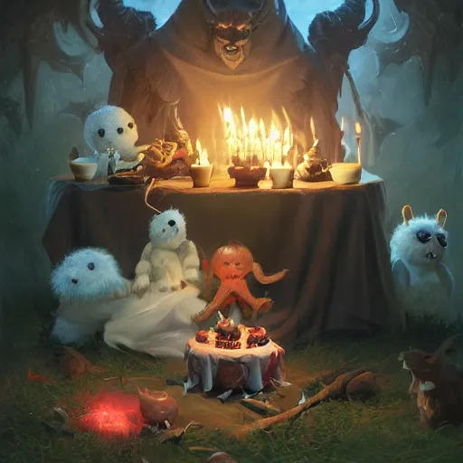 Prompt: the satanic baby birthday party. cute stuffed animals sacrificed for the devil. detailed digital art by greg rutkowski, thomas kinkade and keith parkinson, artstation, cgsociety, 8 k, hd