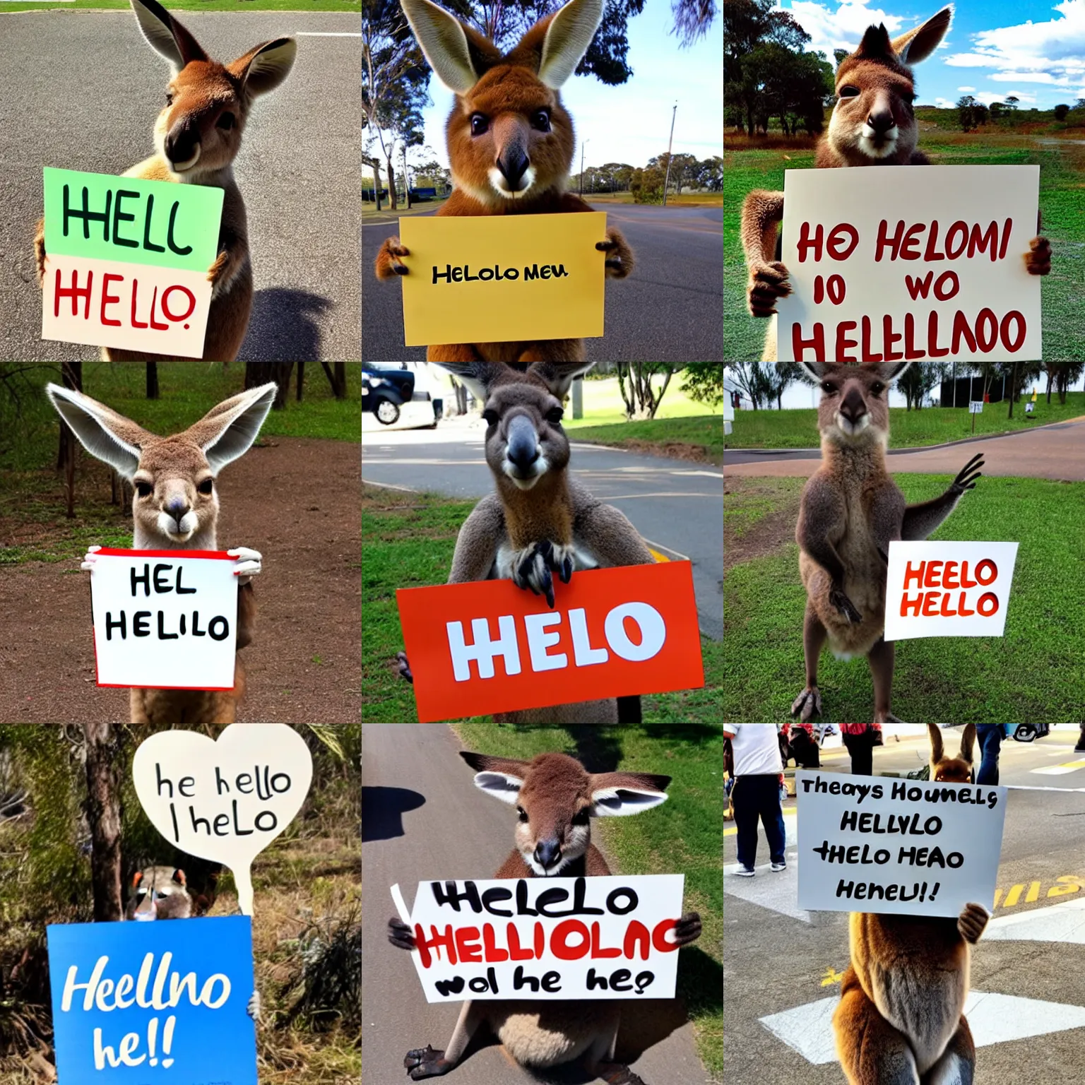 Prompt: <photo readable coherent>A kangaroo holding a sign that says Hello</photo>