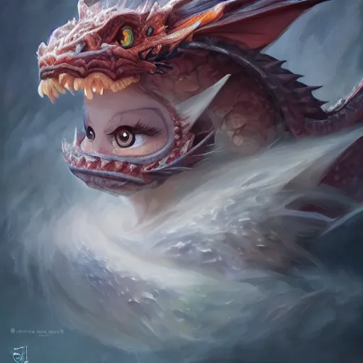 Prompt: dragon baby, cute, adorable, breathing out visably, smooth chinese dragon, big eyes, by stanley artgerm lau, wlop, rossdraws, james jean, andrei riabovitchev, marc simonetti, and sakimichan, trending on artstation