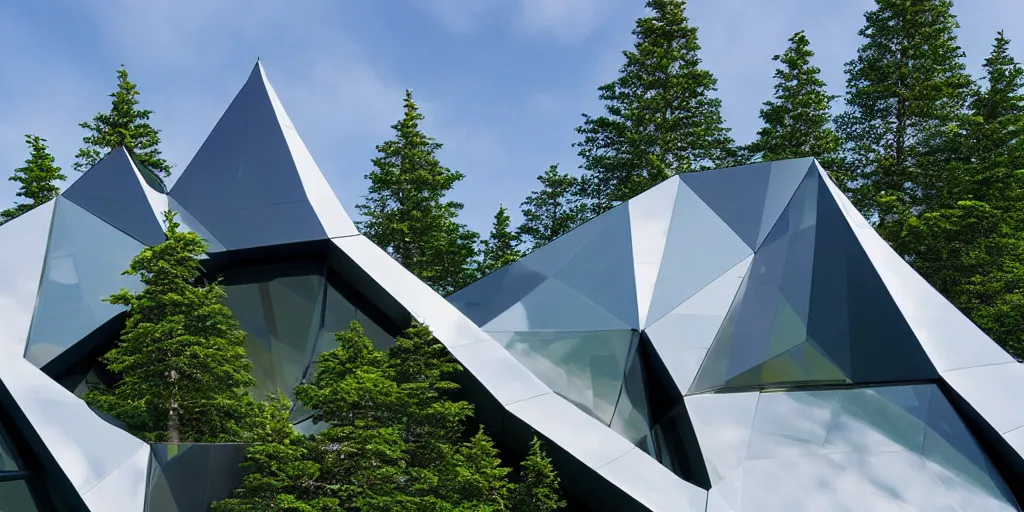 Prompt: faceted roof planes lift and descend creating shade and architectural expression, highly detailed, situated in the north pole, vivid colors, lush vegetation