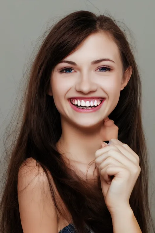 Image similar to a beautiful girl with vampire teeth smiling seductively to the camera. photography. hyper detailed and realistic. detailed eyes. sharp focus. photorealistic. pretty