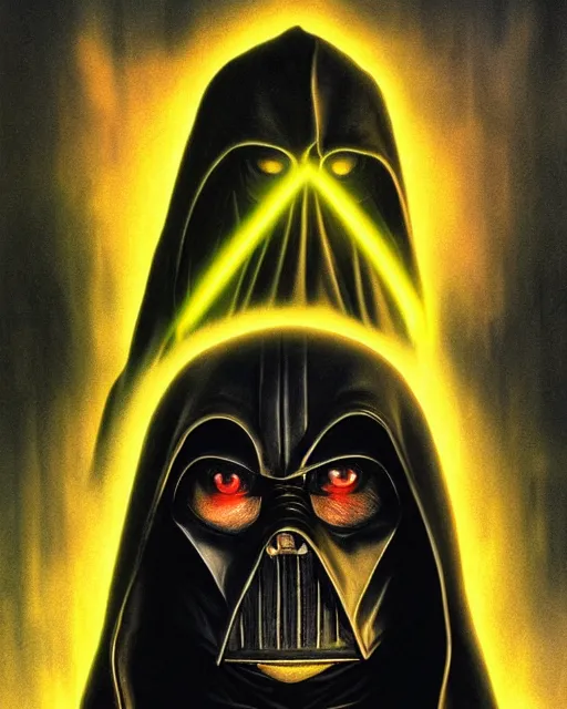 Prompt: hooded sith lord woman with glowing yellow eyes, airbrush, drew struzan illustration art, key art, movie poster
