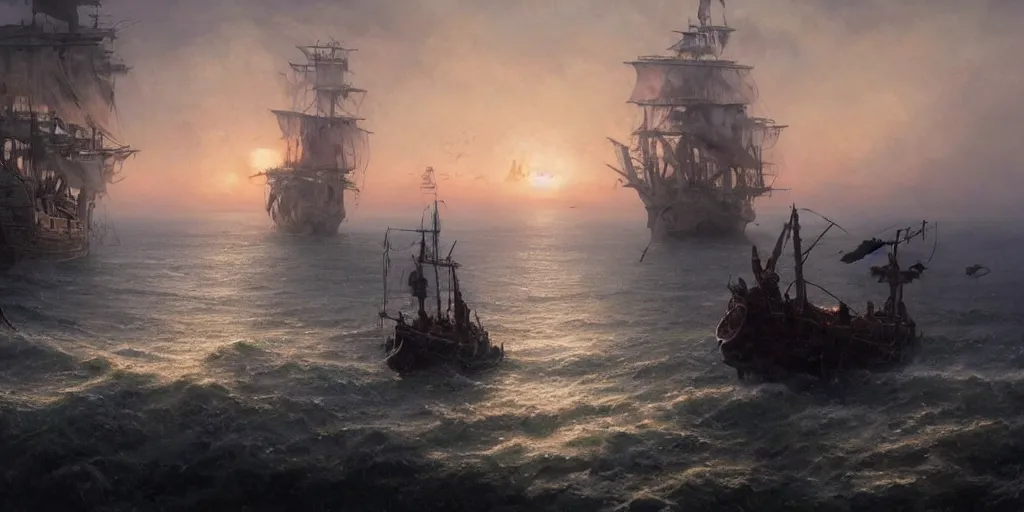 Image similar to two pirates facing each other in death duel!, foggy, gunpowder smoke, dramatic, bloody scene, sunset background, ship on the horizon, portrait 4 / 3, high detail, greg rutkowski, james gurney, gene wolfe, gustave dore, jesper ejsing, rhads, makoto shinkai, ilya kuvshinov