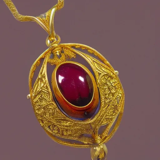 Prompt: a beautiful gold filigree and ruby scarab