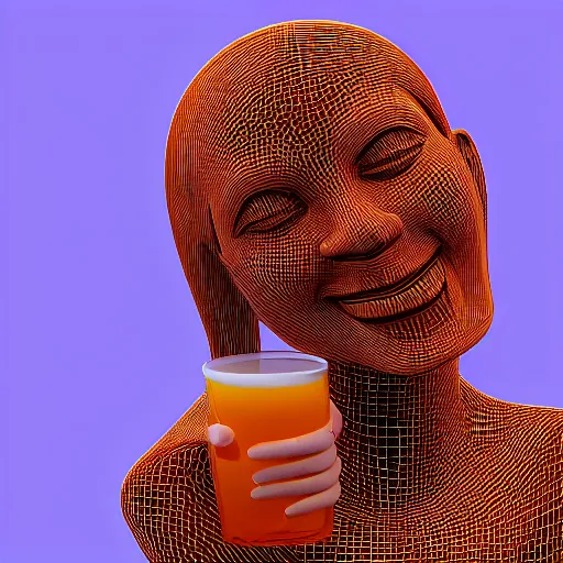 Image similar to a smiling model of a white marble human head holding a coctail, digital illustration, in the style of skeeva, 3 d render, above the waist