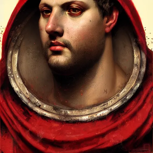 Image similar to detailed portrait of emperor nero, old roman style, non - reflective red cloak, decorated with traditional roman ornaments by ismail inceoglu dragan bibin hans thoma greg rutkowski alexandros pyromallis nekro rene maritte illustrated, perfect face, fine details, realistic shaded, fine - face, pretty face