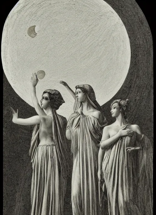 Image similar to three silhouettes of ancient greek goddesses observing an eclipse at dusk, painted by caspar david friedrich with high toner xerox halftones