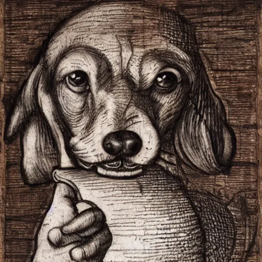 Prompt: drawing of a dog eating a banana, intricate, digital painting, sharp focus, old paper, by Leonardo Da Vinci,