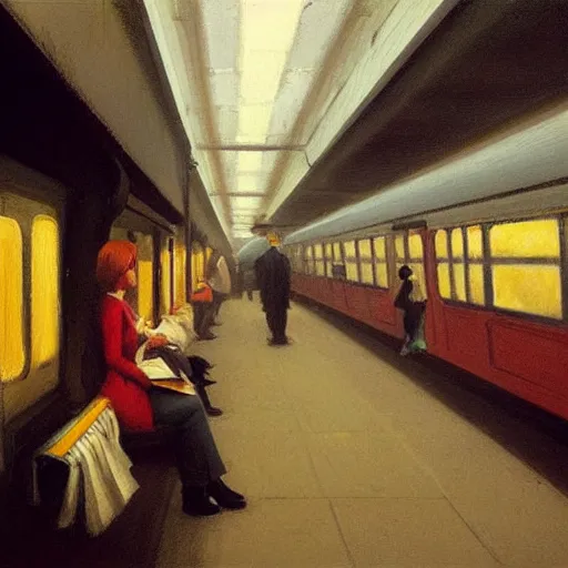 Image similar to new york subway, platform view, sharp focus, intricate, detailed, by edward hopper, greg rutkowski.