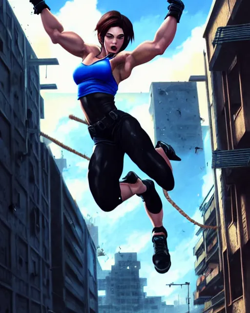 Prompt: gigachad jill valentine bodybuilder jumping from a building fighting with a rope in racoon city, fantasy character portrait, ultra realistic, anime key visual, full body concept art, intricate details, highly detailed by greg rutkowski, ilya kuvshinov, gaston bussiere, craig mullins, simon bisley