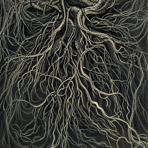 Prompt: award - winning painting of pitch black, tar - like, shadow roots with lots of tendrils spreading everywhere, intricate detail, deep black roots, infestation, shadowy, lovecraftian