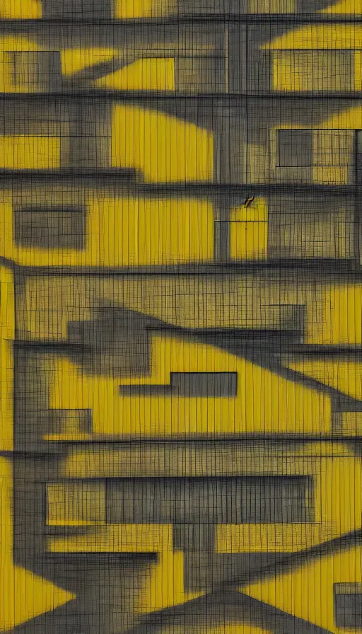 Prompt: architecture ad in the style of Bauhaus and John Baldessari. Film grain, cinematic, colorized, yellow hue.