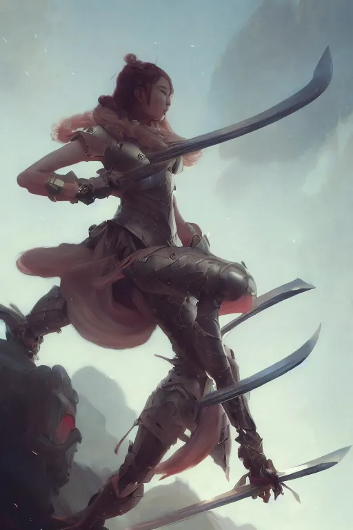 Image similar to girl with armor fighting with ten sword flying around her by hsiao ron cheng, by gaston bussiere, anna nikonova aka newmilky, greg rutkowski, yoji shinkawa, yoshitaka amano, trending on artstation, featured on pixiv, cinematic composition, 8 k