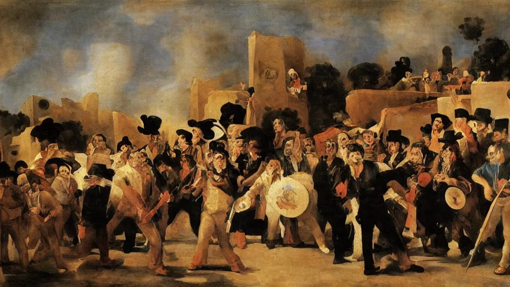 Prompt: Band members of The Grateful Dead in a Spanish village, painted by Francisco de Goya, oil painting, dramatic crowd