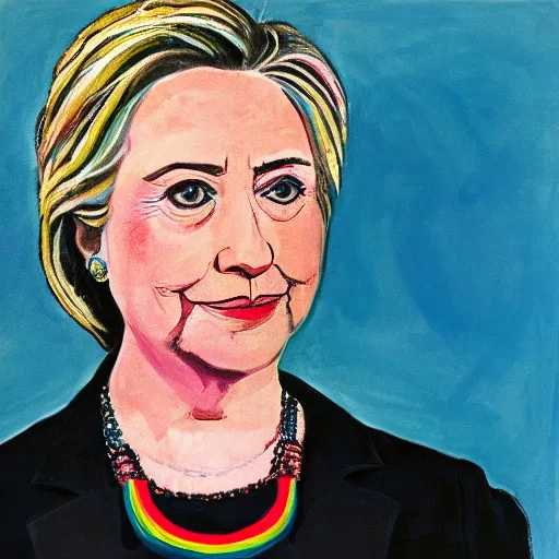 Image similar to very very very colorful portrait of hillary clinton wearing a beautiful necklace, painted by mark rothko