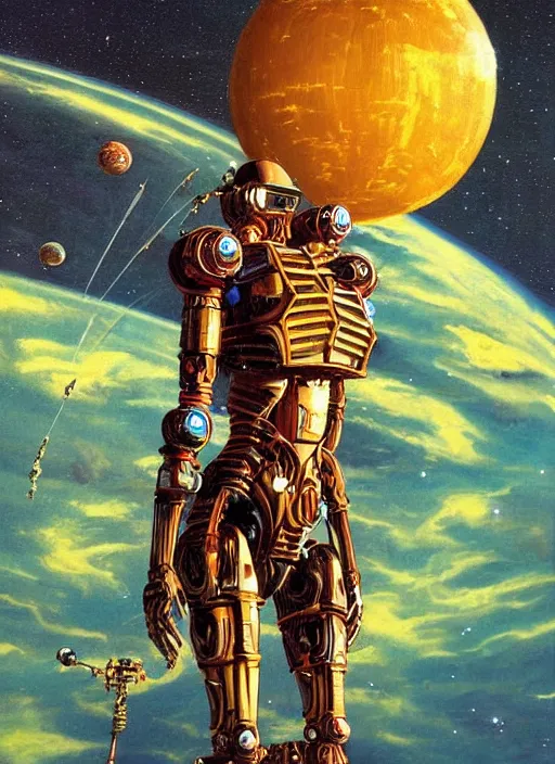 Image similar to Robotic beautiful shaman woman posing in front of a space station painted by Hajime Sorayama and moebius, chris foss , tarot, dramatic lighting