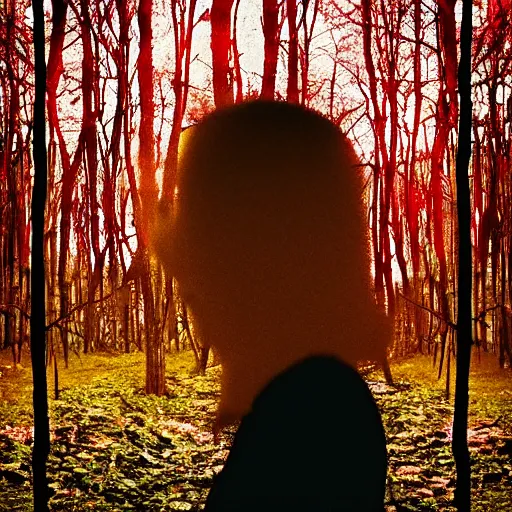 Prompt: “glitchcore album cover red head singer girl standing in a forest”