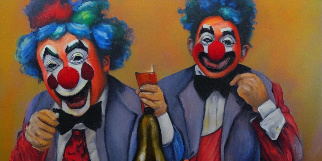 Prompt: sad drunken clown, bar, asymmetric!!!, oil paint, intricate