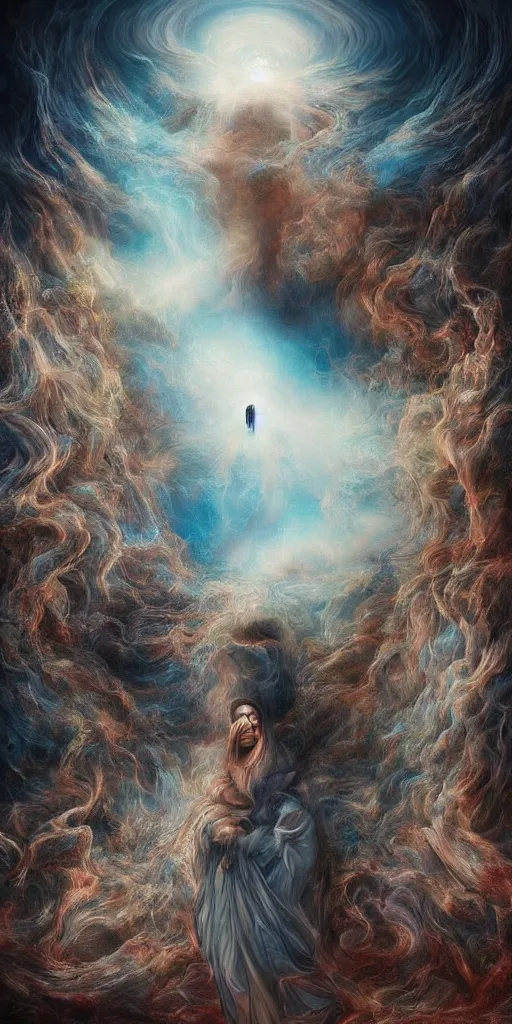 Image similar to insanely surreal dynamic digital painting of god's grieving, hyper detailed by random artists, beautiful, transient, elegant, transcendental, sad, photorealistic, cinematic