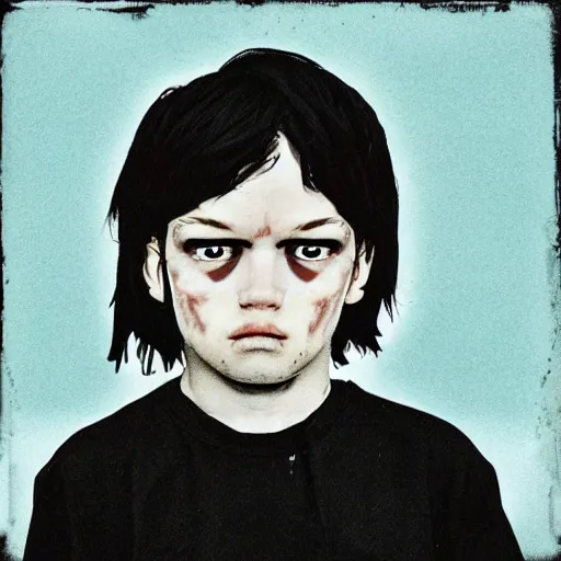 Prompt: portrait of sad kid. glitchcore