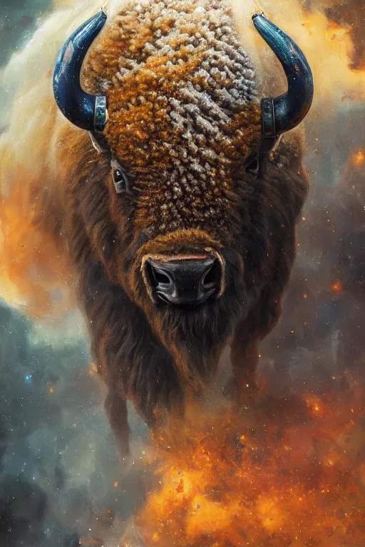 Prompt: bison astronaut, oil on canvas, intricate, portrait, 8 k highly professionally detailed, hdr, cgsociety