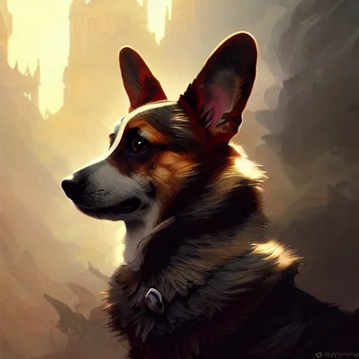 Image similar to A corgi like a hellhound, D&D, dark fantasy, intricate, elegant, highly detailed, digital painting, artstation, concept art, smooth, sharp focus, illustration, art by artgerm and greg rutkowski and alphonse mucha