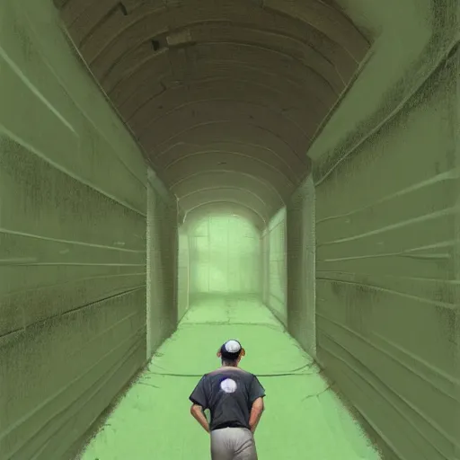 Prompt: A man in shorts and baseball cap walks down a very long, high walled tunnel, green floor, brown brick sides, long shadow, his back is turned, highly detailed, digital painting, artstation, concept art, smooth, sharp focus, illustration, art by greg rutkowski