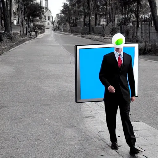 Prompt: a man in a suit wearing a tv on his head while walking