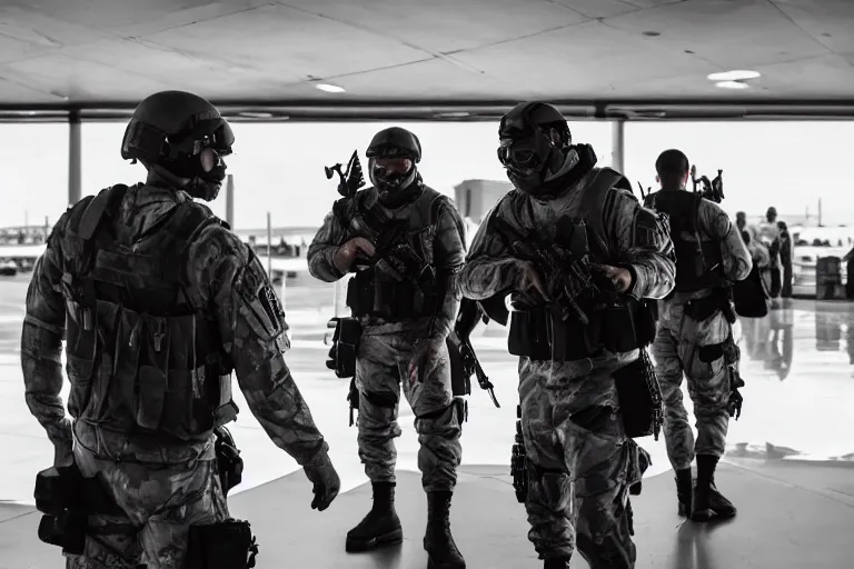 Image similar to Mercenary Special Forces soldiers in grey uniforms with black armored vest and black helmets fighting inside an airport in 2022, Canon EOS R3, f/1.4, ISO 200, 1/160s, 8K, RAW, unedited, symmetrical balance, in-frame, combat photography