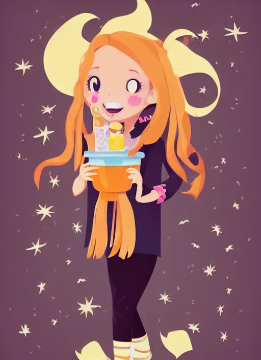 Image similar to three year old girl with long blonde hair in a halloween scene. she is carrying a candy bucket. clean cel shaded vector art. shutterstock. behance hd by lois van baarle, artgerm, helen huang, by makoto shinkai and ilya kuvshinov, rossdraws, illustration, art by ilya kuvshinov