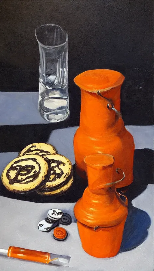 Prompt: still life painting of an orange bucket and some oreo cookies and a crystal decanter of whiskey, oil on canvas, realism style. psychromeluminence