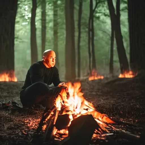 Image similar to vin diesel sitting near a bonfire at night in the woods, canon eos r 3, f / 1. 4, iso 2 0 0, 1 / 1 6 0 s, 8 k, raw, unedited, symmetrical balance, in - frame