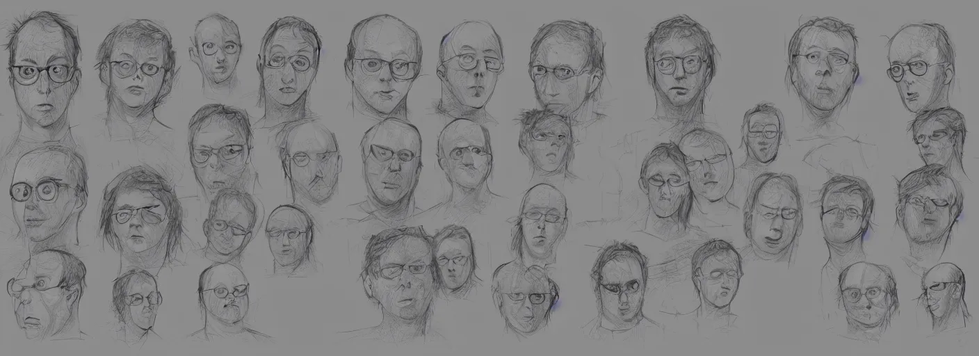 Image similar to character study of todd solondz, clear faces, screenwriter, introvert, outsider, emotional, character sheet, fine details, concept design, contrast, by gabriel hardman, joe alves, j. todd anderson, chris bonura, trending on artstation, 8 k, full body and head, turnaround, front view, back view, ultra wide angle