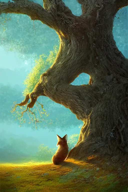 Prompt: a wise old oak speaking to a fox, sad vibes, close - up portrait, intricate, elegant, volumetric lighting, scenery, digital painting, highly detailed, artstation, sharp focus, illustration, concept art, luis rollo, ruan jia, steve mccurry, john berkey