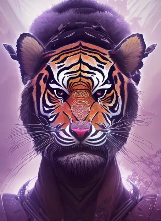 Image similar to symmetry!! portrait of a hybrid robot tiger, floral! horizon zero dawn machine, intricate, elegant, highly detailed, digital painting, artstation, concept art, smooth, sharp focus, illustration, art by artgerm and greg rutkowski and alphonse mucha, 8 k