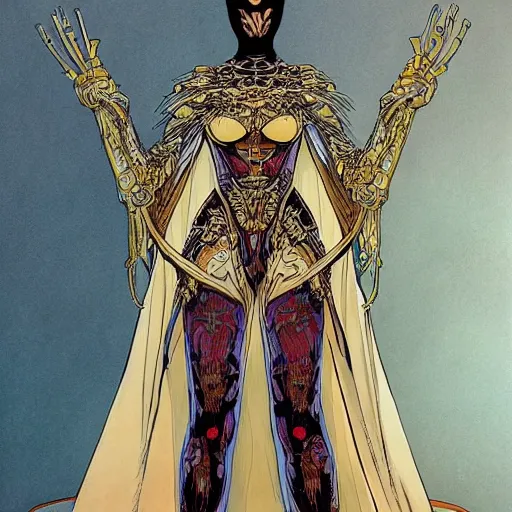 Image similar to beautiful portrait of the masked queen, phyrexian god, beautiful futuristic cape, elegant, ornamental armor, intricate, in the style of moebius