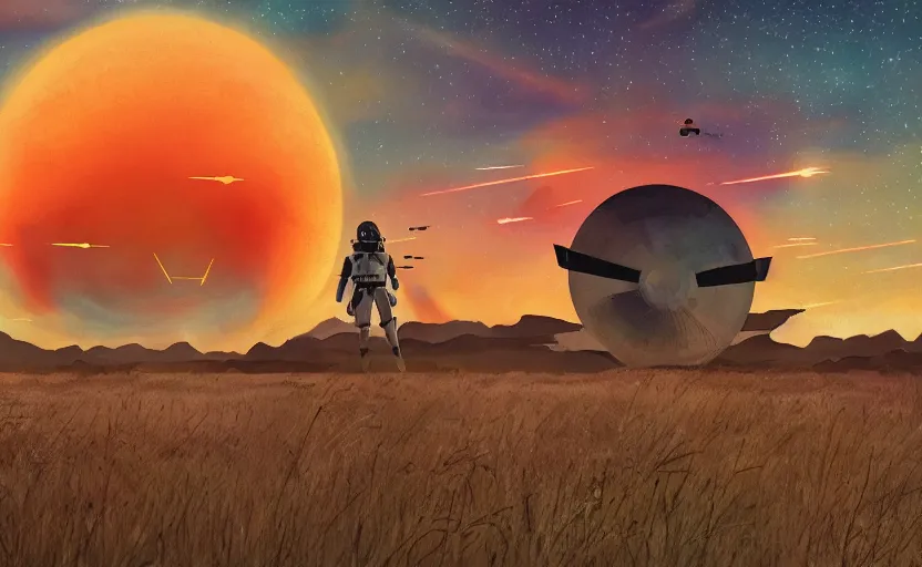 Image similar to star wars binary sunsets in a ghibli realistic style