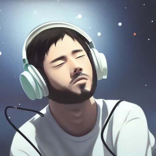 Image similar to medium shot of male wearing headphones sitting on the moon, calm, soothing, relaxed, cosy, quiet, elegant, cybernetic, glows, digital painting, Hayao Miyazaki, realism,