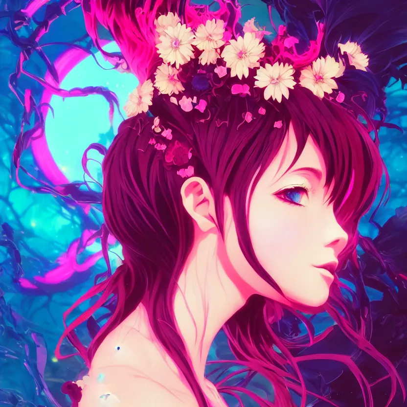 Image similar to side profile macro portrait of one cute modern gothic anime girl with synthwave flower background, gloomhaven, colorful swirly retrowave style fantasy portrait, by lois van baarle, sachin teng, greg rutkowski, jesper ejsing, ilya kuvshinov, extremely detailed digital art, trending on artstation, masterpiece 8 k,