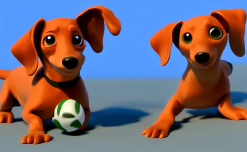 Prompt: happy dachshund catching a ball, cgi, 3 d animation, pixar