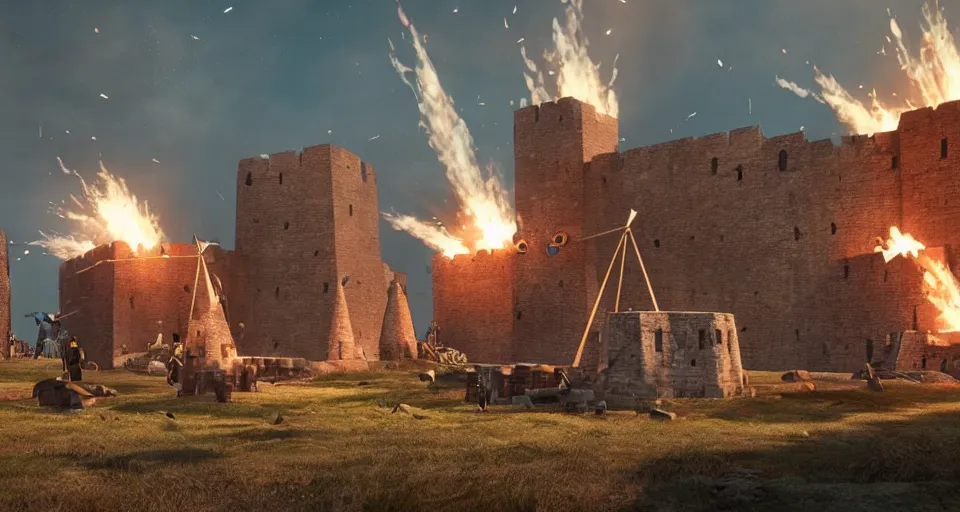 Prompt: five giant and powerful medieval trebuchets fireing on a medieval fortress, destroying the walls, fire and explosion, debris flying around, octane render, unreal engine