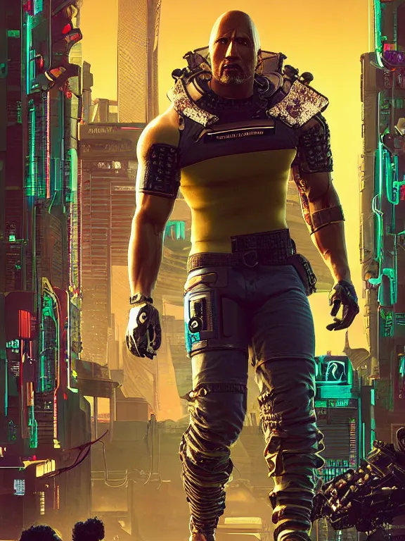 Image similar to a cyberpunk 2077 portrait of Dwayne Johnson carrying a female android complex mess of cables and wires behind them connected to giant computer, love,film lighting, by laurie greasley,Lawrence Alma-Tadema,William Morris,Dan Mumford, trending on atrstation, full of color, highly detailed,8K, octane, Digital painting,golden ratio,cinematic lighting