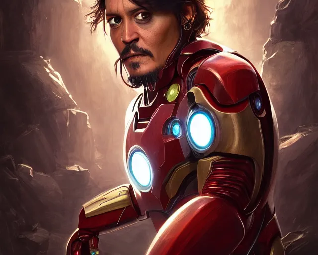 Prompt: photography of johnny depp as ironman, deep focus, d & d, fantasy, intricate, elegant, highly detailed, digital painting, artstation, concept art, matte, sharp focus, illustration, hearthstone, art by artgerm and greg rutkowski and alphonse mucha