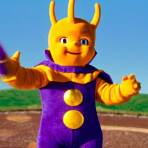 Prompt: Tinky Winky from Teletubbies with the infinity gauntlet