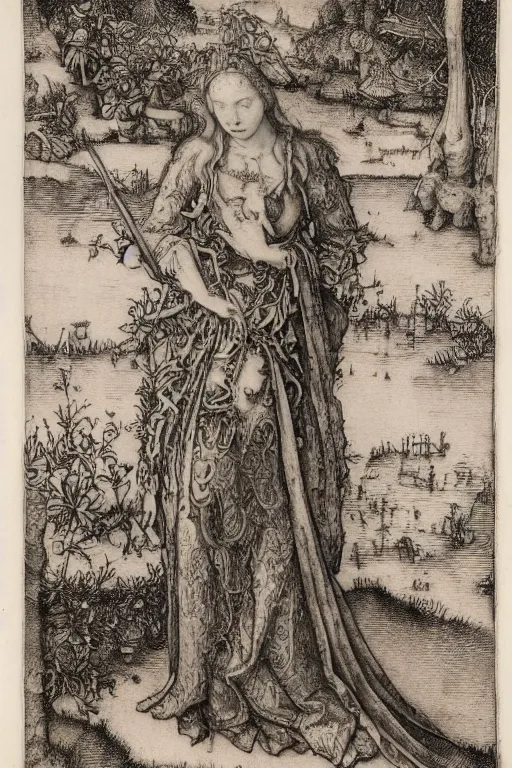 Image similar to albrecht durer, albrecht altdorfer, hans holbein, lucas cranach, gustave dore, engraving-style tattoo of regal female boddhisatva with the attributes of Diana, Athena, Guanyin, Shakti, Isthar, Deborah, and Seshat, wearing a robe, standing gracefully upon a lotus, surrounded by egrets and northern wetland flora