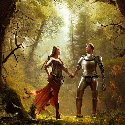 Image similar to female standing in a forest and a male knight standing next to her, 8 k, spotlight, cinematic lighting, global illumination, ambient occlusion, insanely detailed and intricate, hypermaximalist, elegant, ornate, hyper realistic, super detailed, by lee man fong, by pebble tay, by richard dadd, by wlop