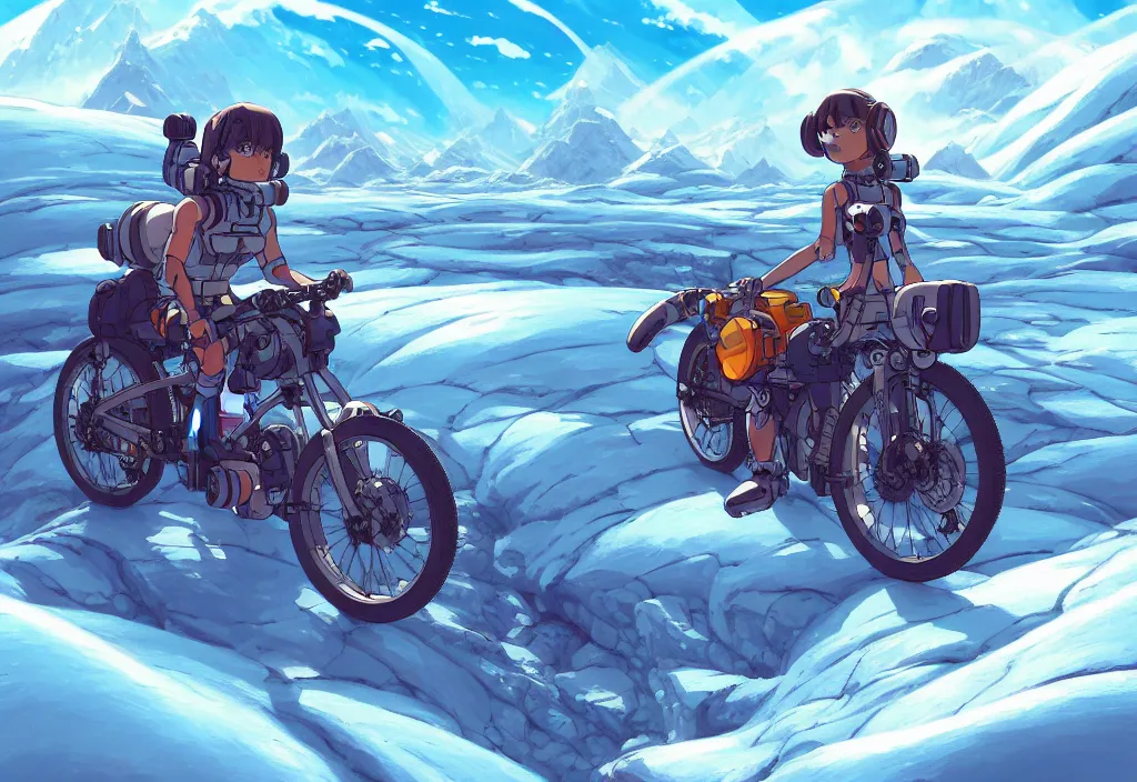 Image similar to a small chubby futuristic bike on a glacier on an alien planet, intricate oil painting, high detail illustration, sharp high detail, manga and anime 1 9 9 9, official fanart behance hd artstation by jesper ejsing and makoto shinkai, 4 k,