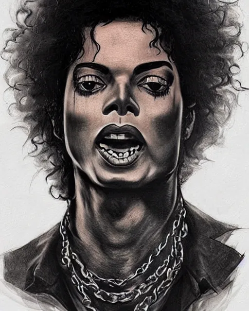 Prompt: tattoo sketch of black 1 9 7 0 s michael jackson as a raper, gangsta with face and body tattoos, piercings, afro curls, hyper realistic face, in the style of greg rutkowski, fantasy, amazing detail, epic, elegant, smooth, sharp focus