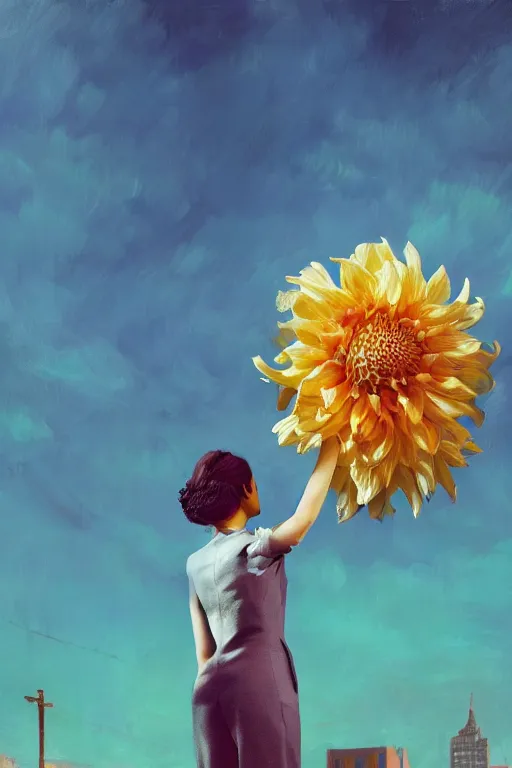 Image similar to closeup giant dahlia flower head, girl in a suit, in a city, surreal photography, blue sky, sunrise, dramatic light, impressionist painting, digital painting, artstation, simon stalenhag